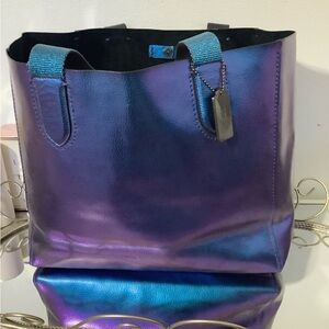 Coach Iridescent Purple-Blue Tote with Teal Straps